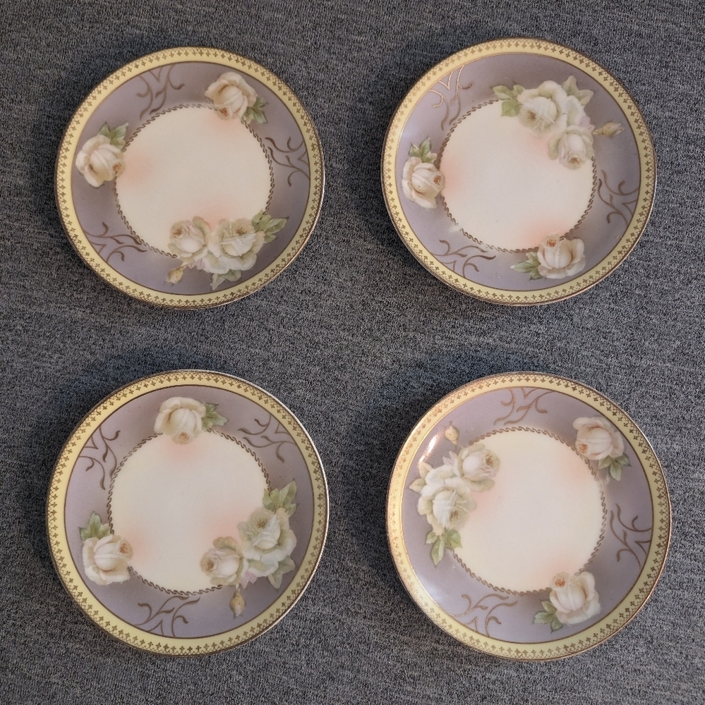 Antique Hanusch and Bernhart Porcelain Dessert/Side Plate, White Roses, Set of 4
